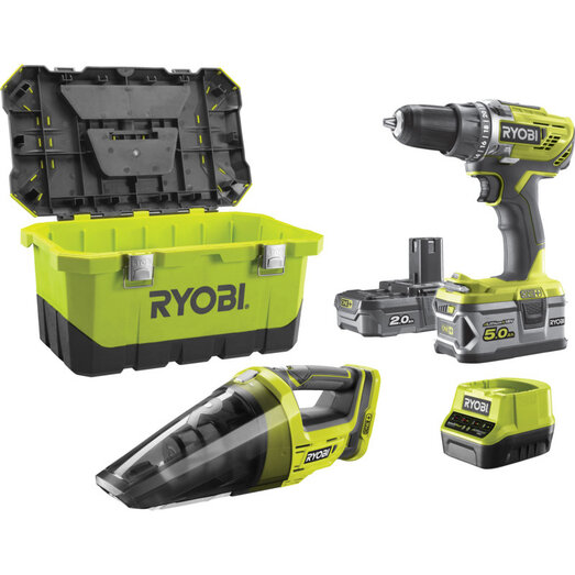 Ryobi R18DD3-252VT bore/skruemaskine og håndstøvsuger inkl. batteri og lader