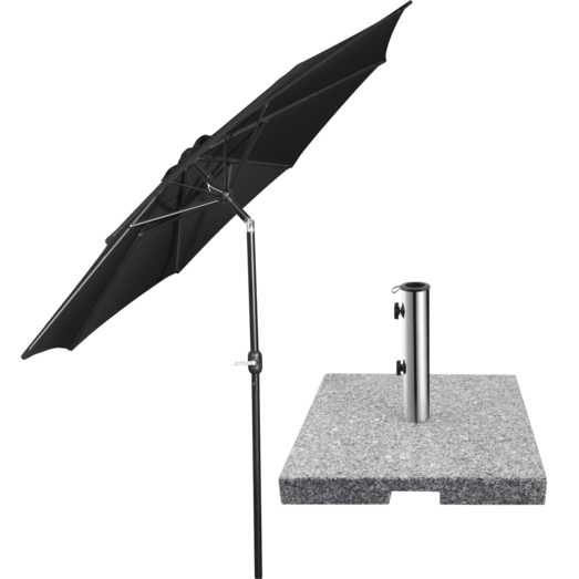 #1 - Markedsparasol sort med krank og tilt inkl. parasolfod