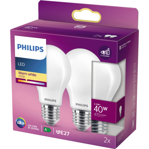 Philips Standard LED pære E27 40W 2 pack