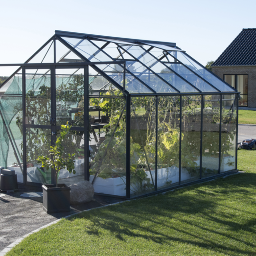 Elmholm Standard drivhus antracit med hærdet glas og sokkel, 9,75 m²
