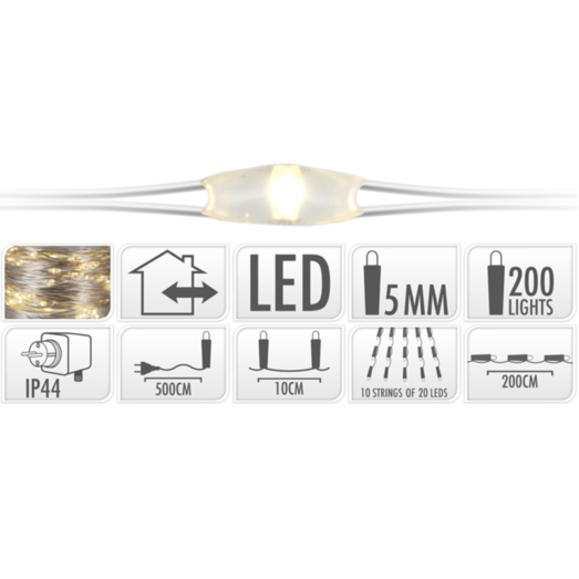 Lyskæde 200 LED istapper m/ 10 sølvtråde á 20 LED udendørs