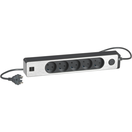 LK Design 5-stikdåse m/afbryder og 2 USB-stik koksgrå/alu
