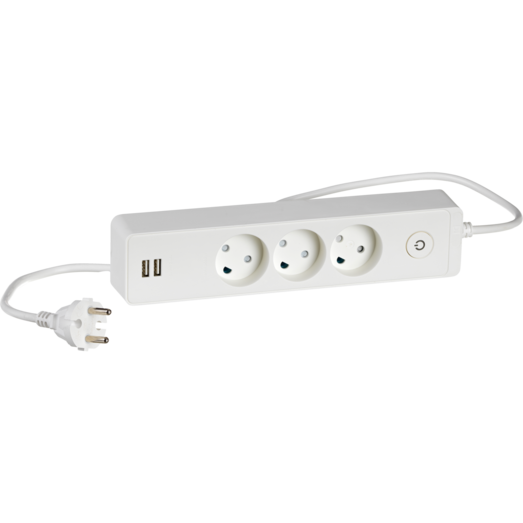 LK Design 3-stikdåse m/afbryder og 2 USB-stik hvid