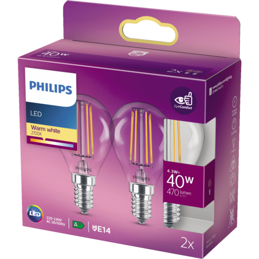 Philips Krone LED pære E14 40W 2 pack