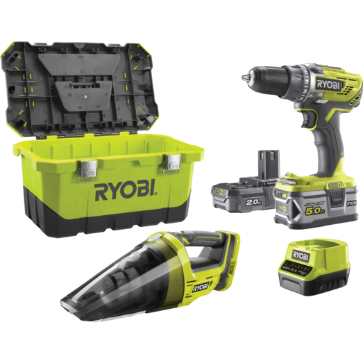 Ryobi R18DD3-252VT 18V bore/skruemaskine og håndstøvsuger ONE+ inkl. batteri og lader