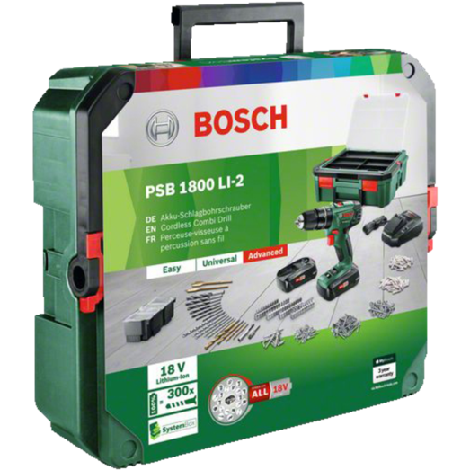 Bosch PSB 1800 akku-slagboremaskine 2x1,5 Ah + tilbehørskit 241 dele
