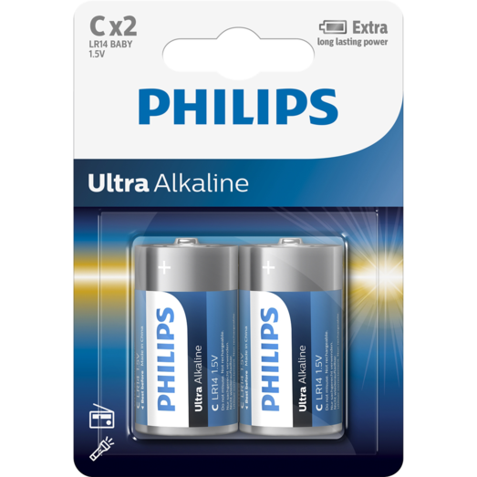Philips Ultra alkaline LR14 batteri - pk. á 2 stk. 