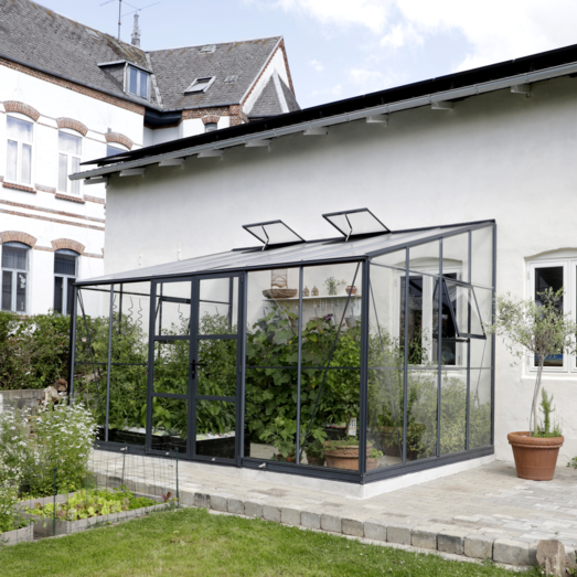 Elmholm Exclusive vægdrivhus antracit med hærdet glas og sokkel, 13,1 m²