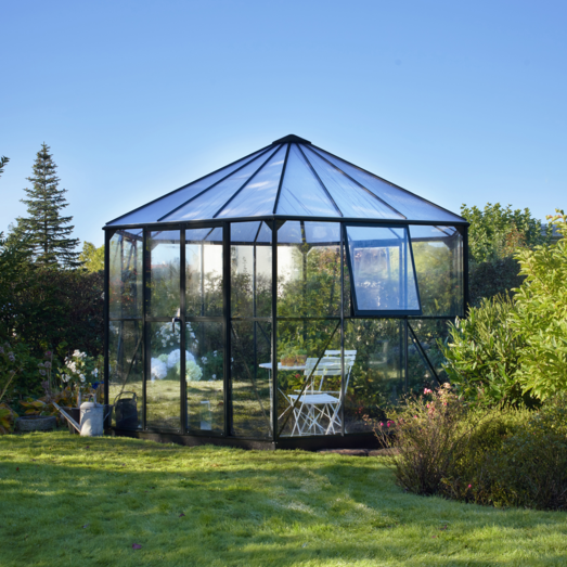 Halls Atrium drivhus sort med hærdet glas og polycarbonat, 9 m² 