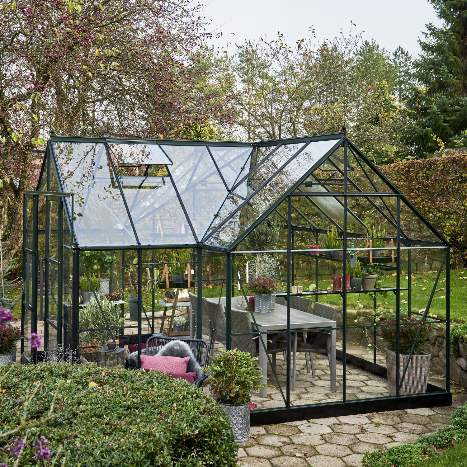 Udsæt Tanke Spil Halls Garden Room drivhus sort med hærdet glas og sokkel, 12,9 m²