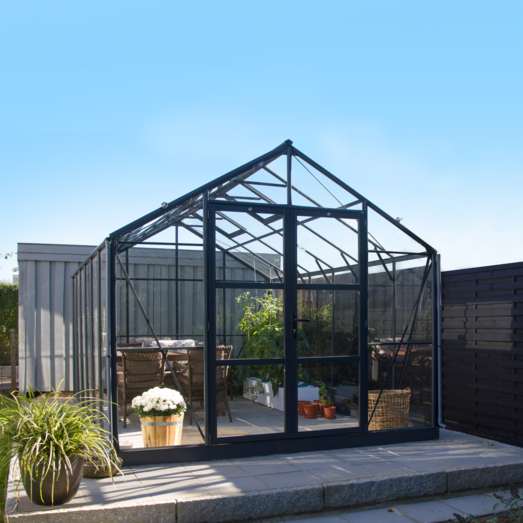 Elmholm Exclusive drivhus antracit med hærdet glas og sokkel, 13 m²