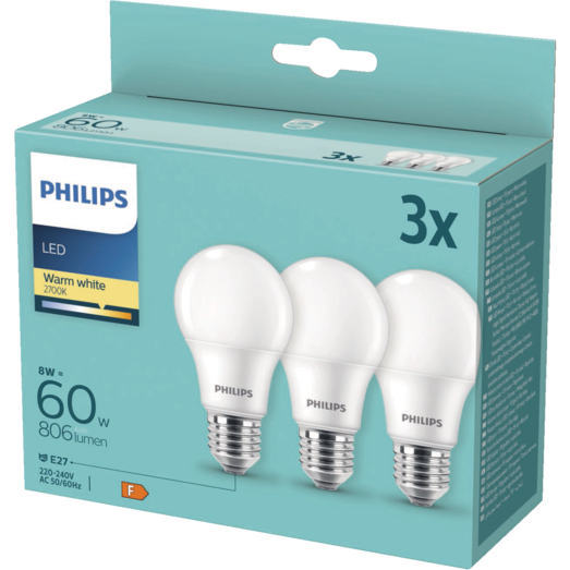 Philips E27 LED pære 60W 3-pak 