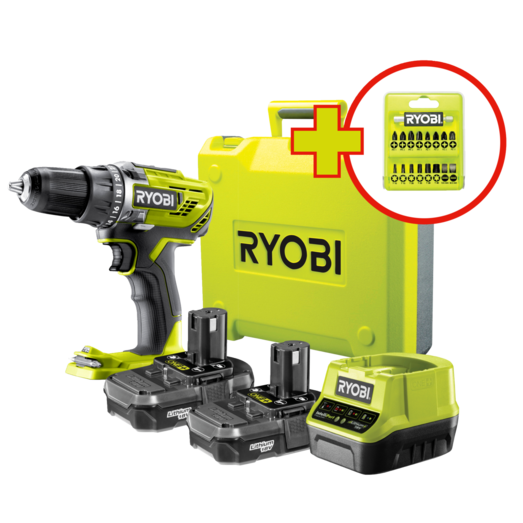Ryobi R18DD3-220T Bore- skruemaskine sæt 2x2,0 Ah ONE+ i Toolbox m/bitsæt
