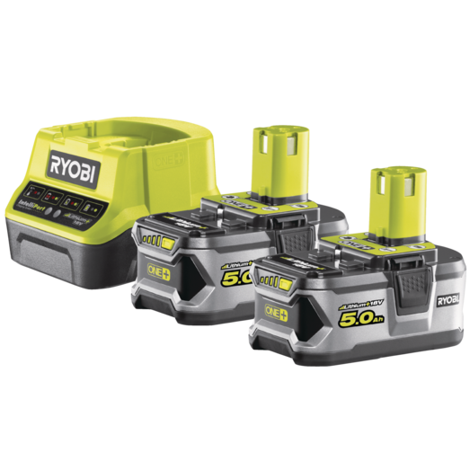 Ryobi 2x 18V, 5.0 Ah batterier og lader