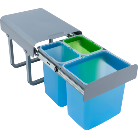 Grå affaldssystem på udtræksskinner med 2x8 L og 1 x 16 L beholdere 