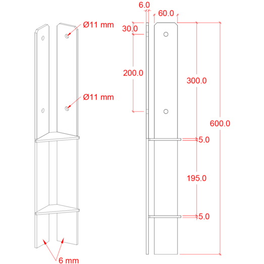 Plus Hjørne Stolpefod 60 cm  9x9 cm stolper  til nedstøbning  m/skruer