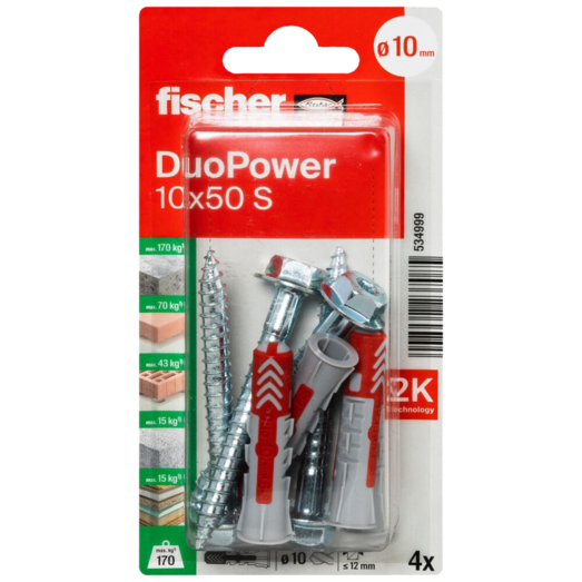 Fischer DuoPower universaldybel med skrue 10x50 mm 4 stk