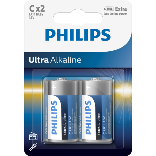 Philips Ultra alkaline LR14 batteri - pk. á 2 stk.