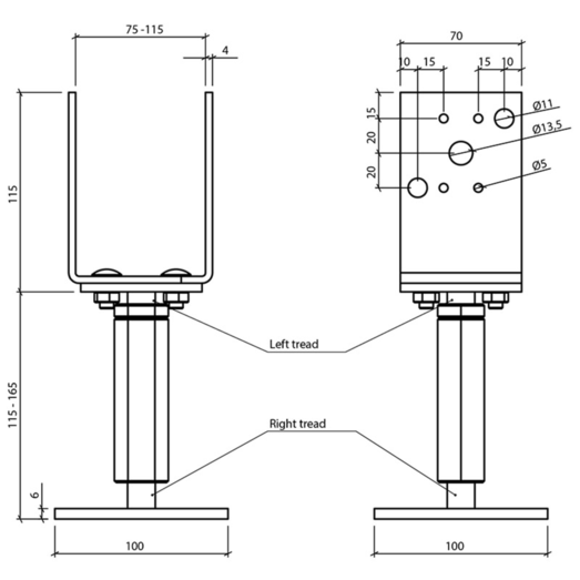 Paslode VHB2 stolpebærer justerbar D75-115xH115xB70 115-165 mm varmforz.