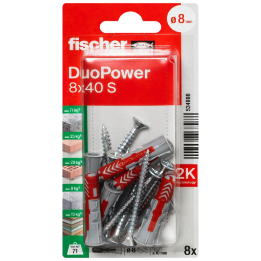 Fischer DuoPower universaldybel med skrue 8x40 mm 8 stk