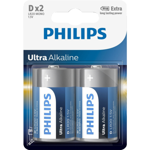 Philips Ultra alkaline LR20 batteri 2 stk.