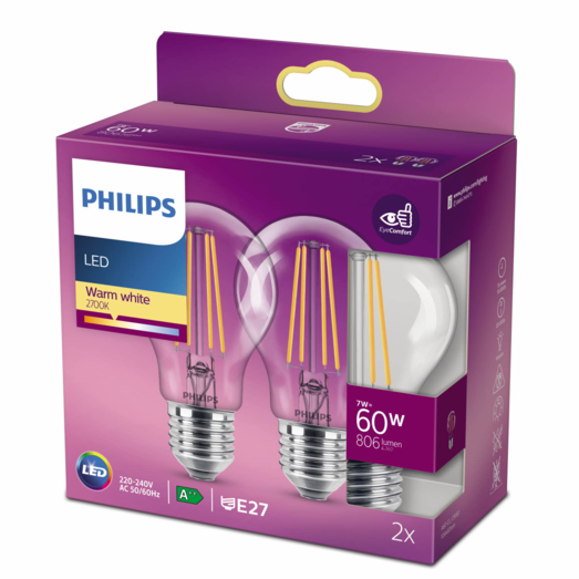 Philips Standard LED pære E27 60W 2 pack