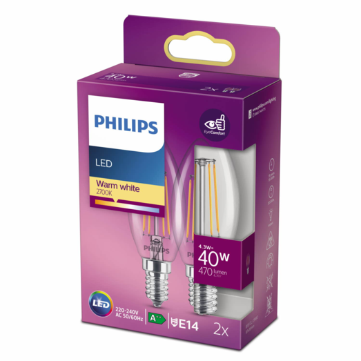 Philips Kerte LED pære E14 40W 2 pack