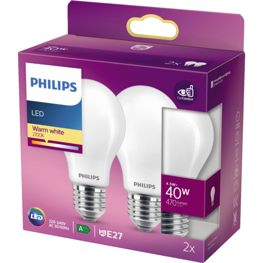 Philips Standard LED pære E27 40W 2 pack