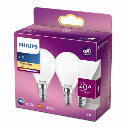 Philips Krone LED pære E14 40W 2 pack