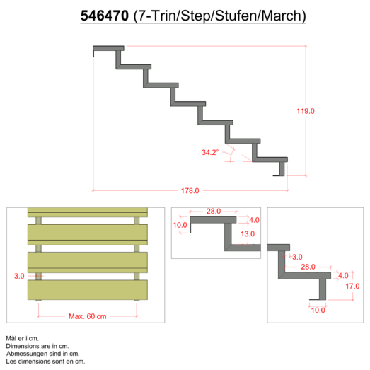 Plus 34,2° Trappevange 7 trin m/beslag  Trindybde 28 cm