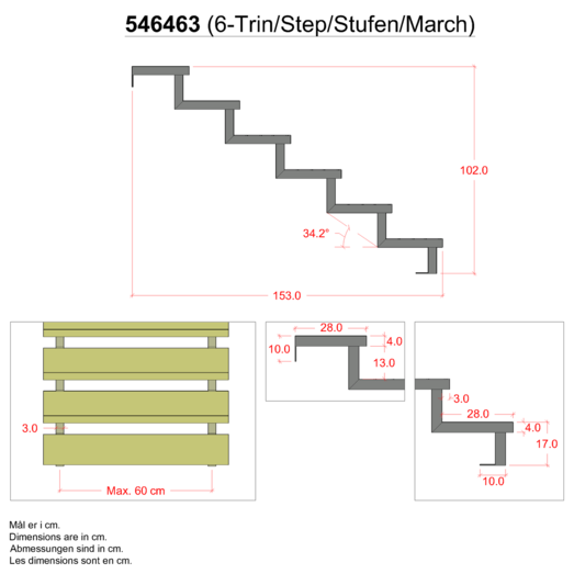 Plus 34,2° Trappevange 6 trin m/beslag  Trindybde 28 cm