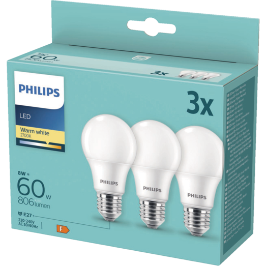 Philips E27 LED pære 60W 3-pak