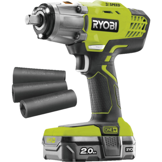 Ryobi R18IW3-120S slagnøgle m/3 slagtoppe & 2.0Ah batteri og lader 18V ONE+