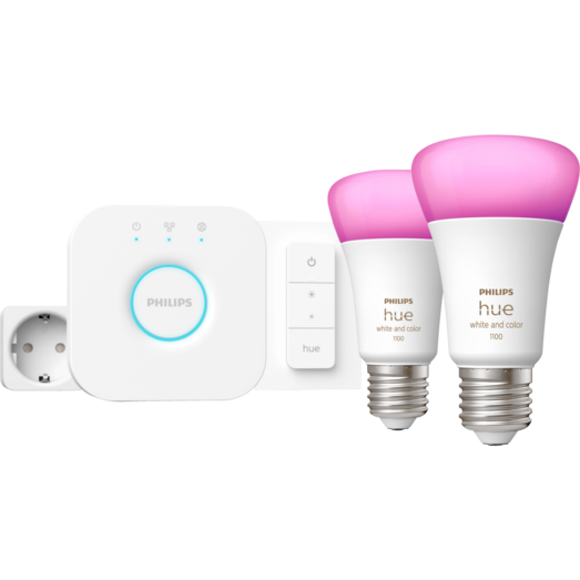 Philips Hue startsæt E27 2-pak m/Hue bridge/smart plug/Dimmer switch