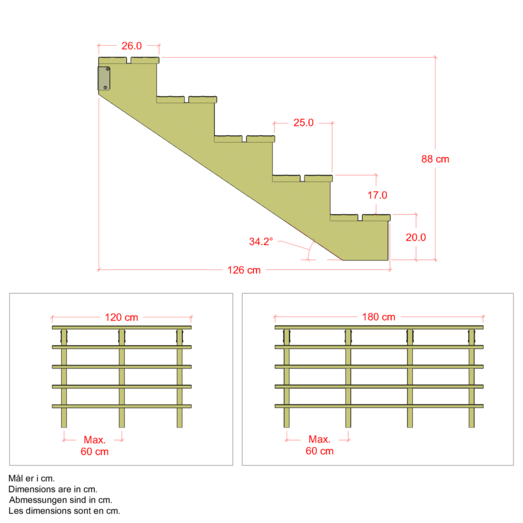 Plus Terrassetrappe 5 trin 88x126 cm 34,2°  180 cm