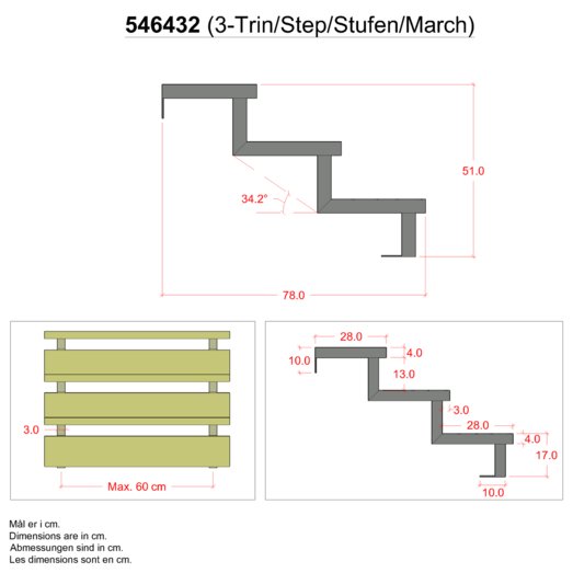 Plus 34,2° Trappevange 3 trin m/beslag  Trindybde 28 cm