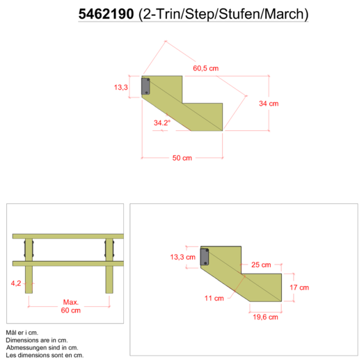 Plus 34,2° Trappevange 2 trin m/beslag  Trindybde 25 cm