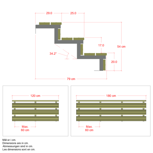 Plus Terrassetrappe 3 trin 54x79 cm 34,2° 180 cm