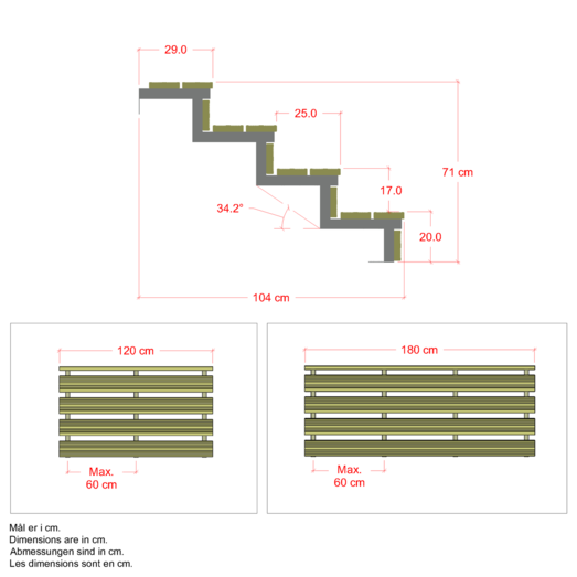 Plus Terrassetrappe 4 trin 71x104 cm 34,2°  180 cm