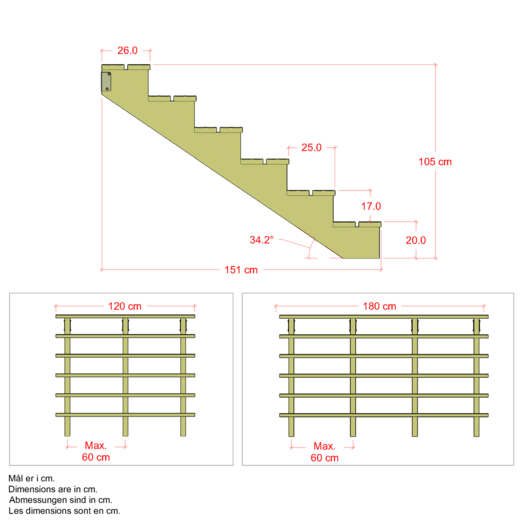 Plus Terrassetrappe 6 trin 105x151 cm 34,2°  120 cm