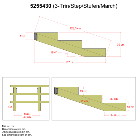 Plus 19º Trappevange 3 trin m/beslag  Trindybde 39 cm