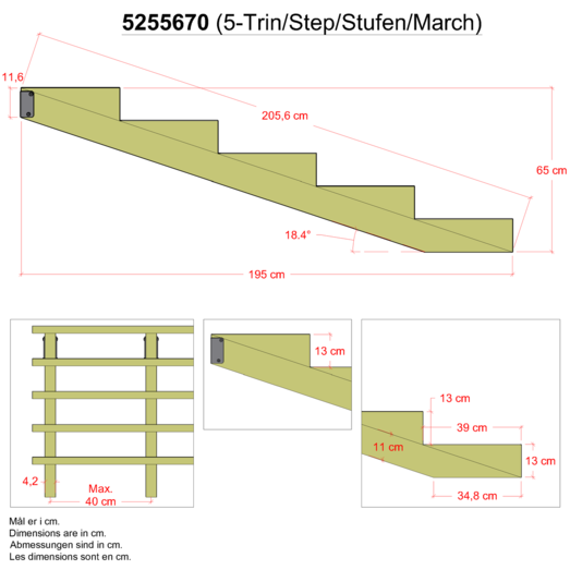 Plus 19º Trappevange 5 trin m/beslag  Trindybde 39 cm