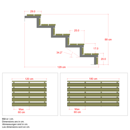 Plus Terrassetrappe 5 trin 88x129 cm 34,2°  180 cm