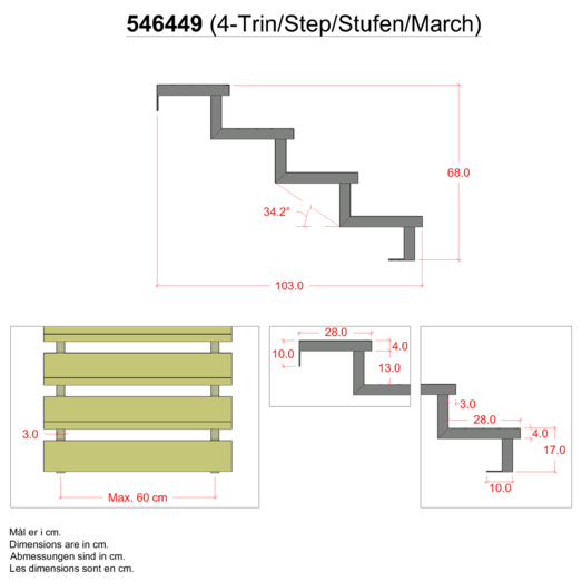 Plus 34,2°  Trappevange 4 trin m/beslag  Trindybde 28 cm