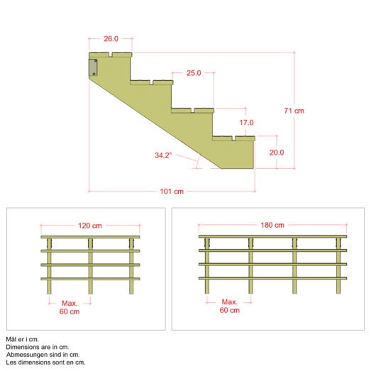 Plus Terrassetrappe 4 trin 71x101 cm 34,2°  180 cm