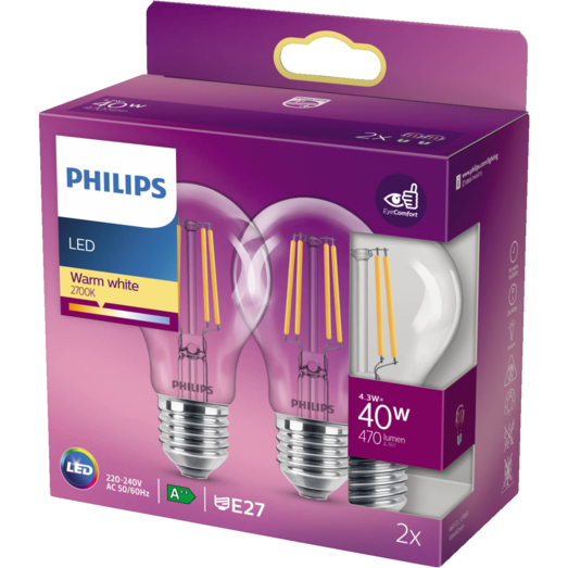 Philips Standard LED pære E27 40W 2 pack