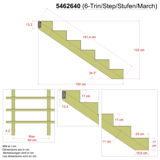 Plus 34,2° Trappevange 6 trin m/beslag  Trindybde 25 cm