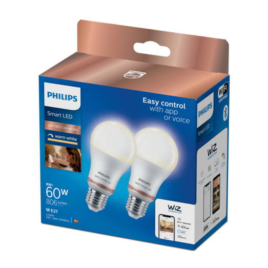 Philips Smart WiZ white LED pærer E27 8,5W standard mat 2 stk