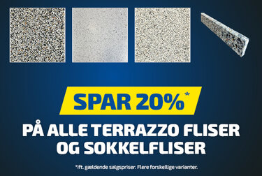 Spar 20% på alle terrazzo fliser og sokkelfliser