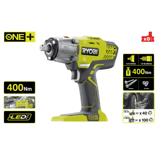 Ryobi R18IW3-120S slagnøgle m/3 slagtoppe & 2.0Ah batteri og lader 18V ONE+